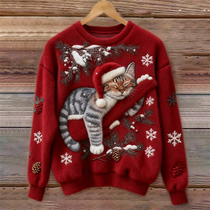Maglione Natalizio Morbido con Gatto 3D